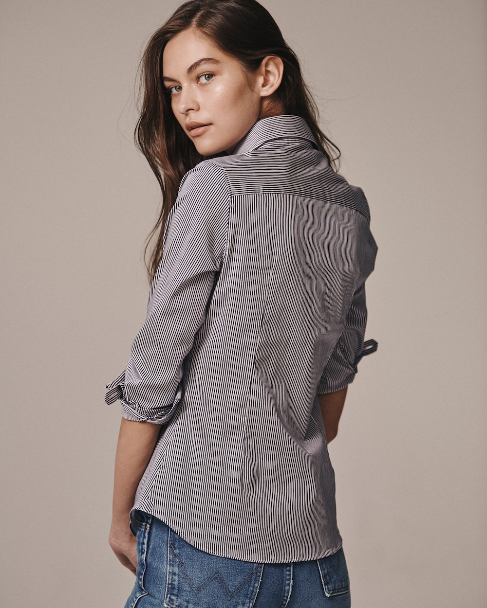 Back darts on the women's Pearson Striped Stretch Poplin Shirt.