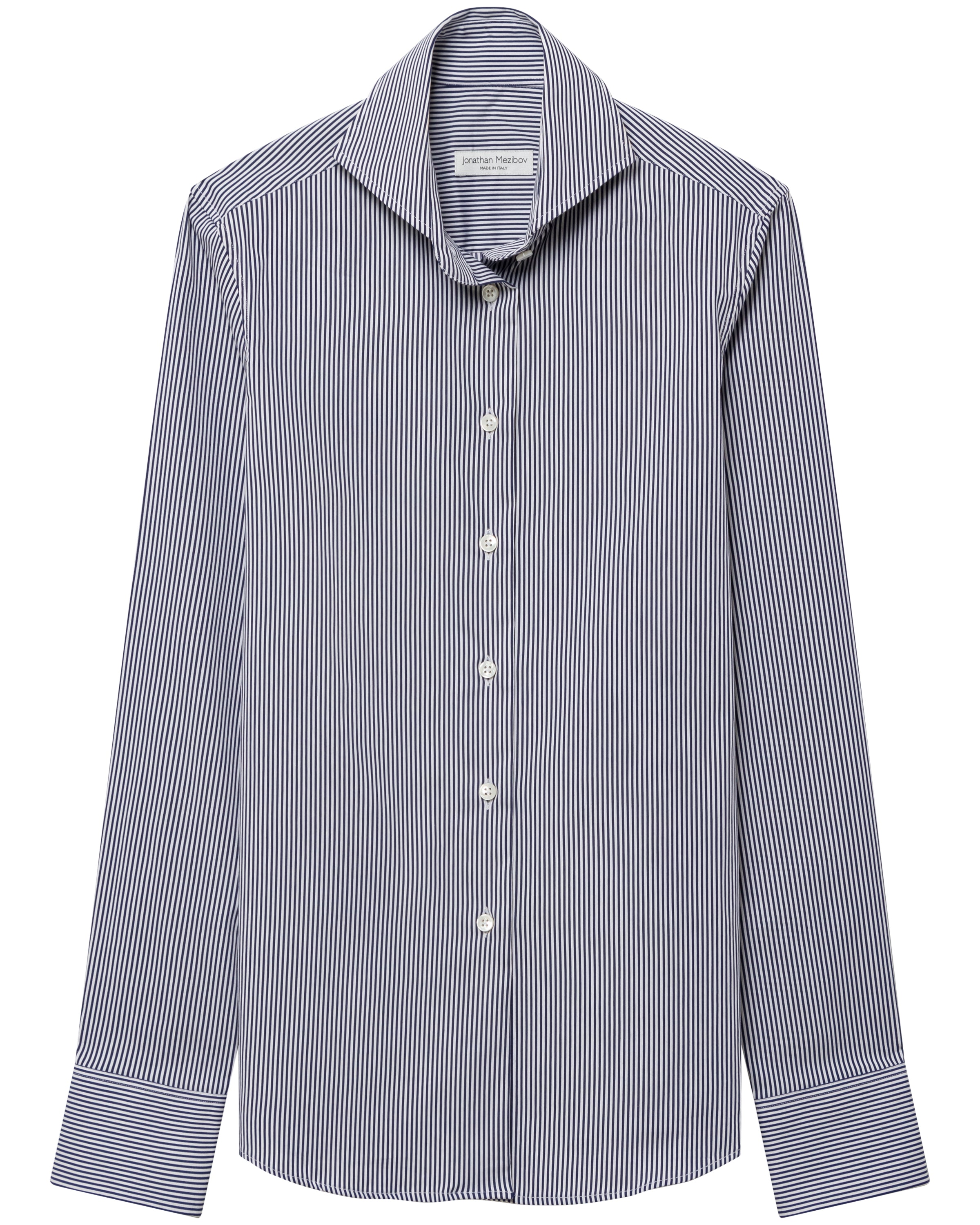 Jonathan Mezibov Italian-made navy and white Pearson Striped Stretch Poplin Shirt with a cutaway collar.