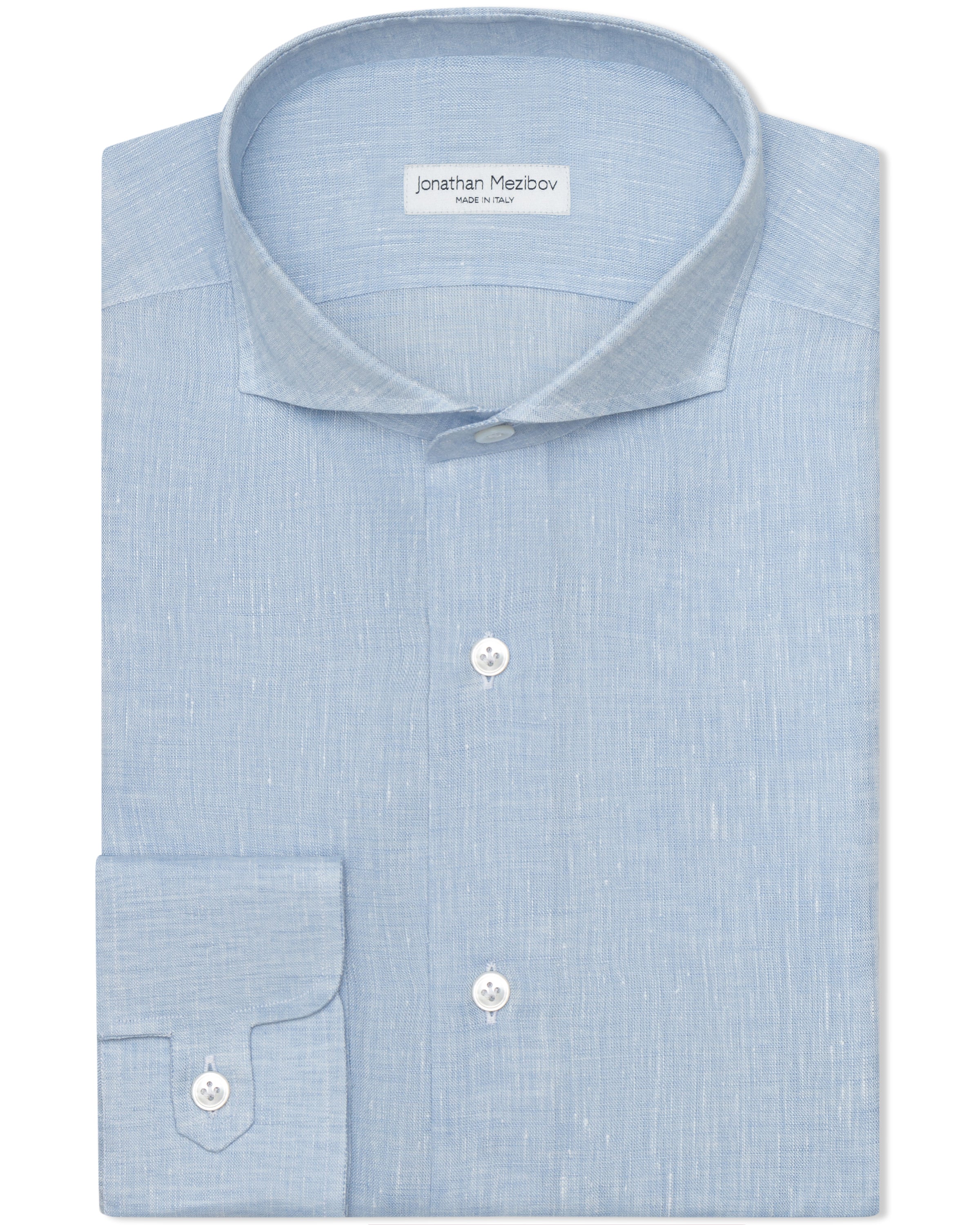 Jonathan Mezibov light blue Pearson Linen Shirt with signature tab cuffs, made in Italy.