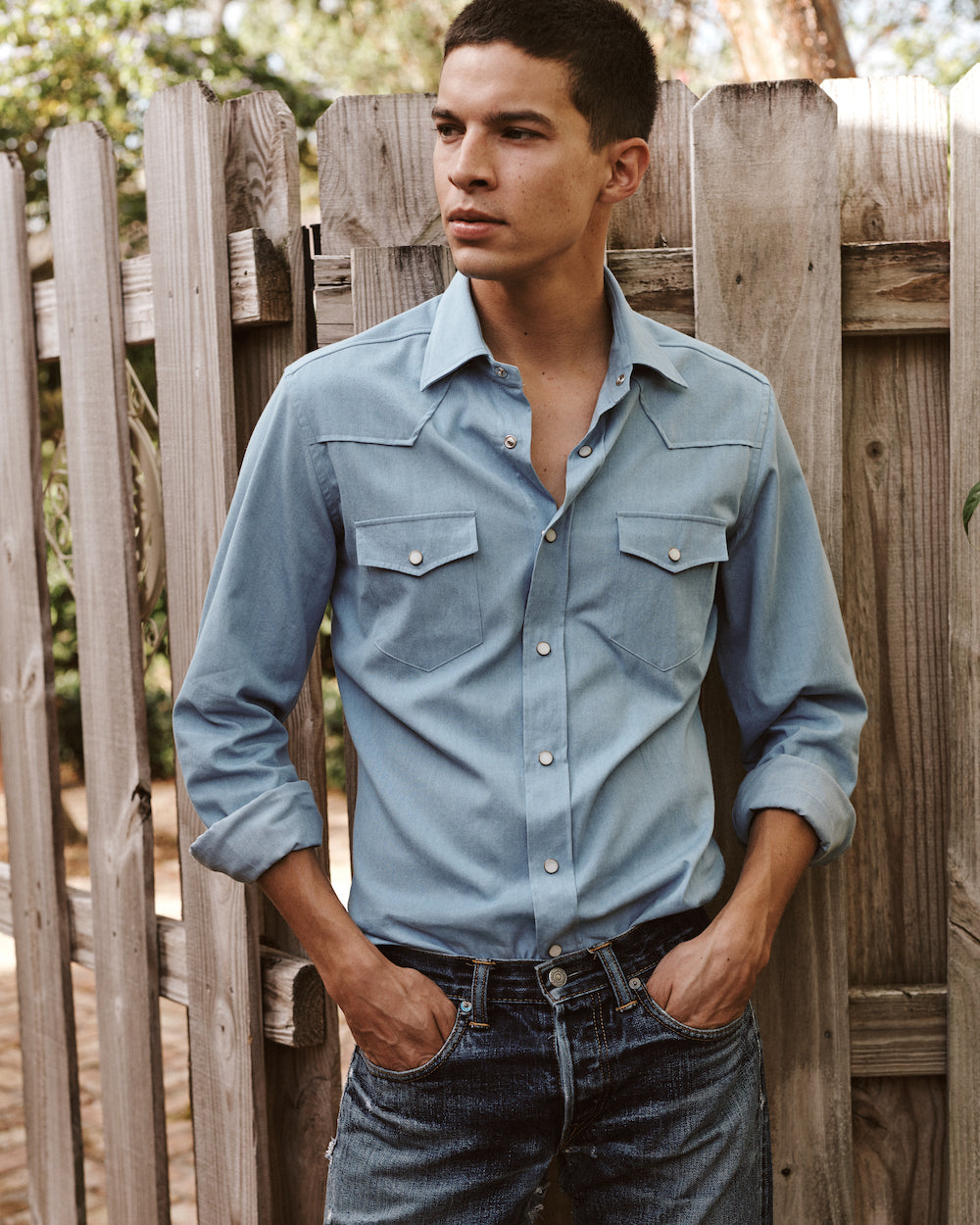 Slim-Fit Bleached Denim Western Shirt