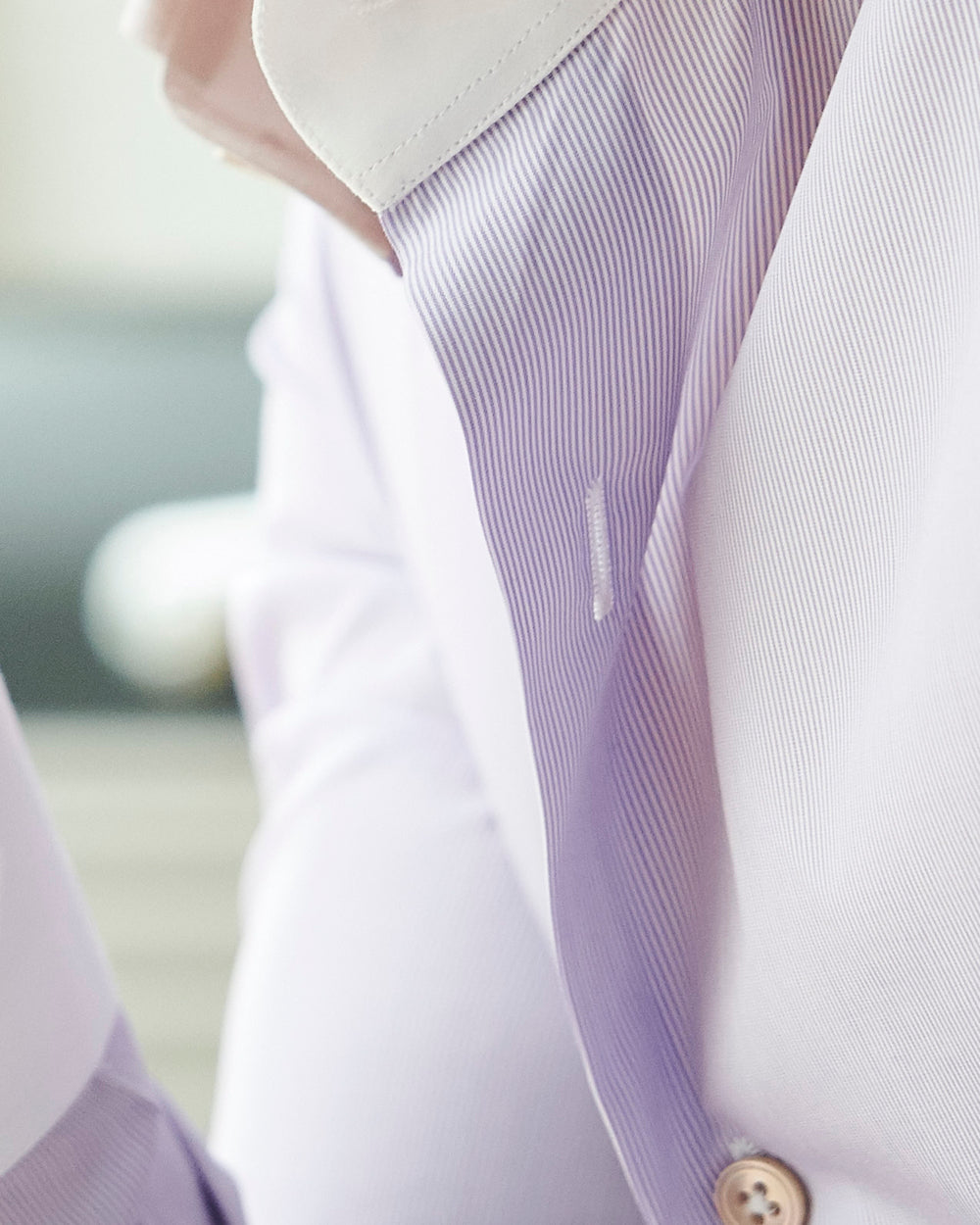 Close-up of the Italian poplin fabric on the Carmichael Fine Striped Shirt.