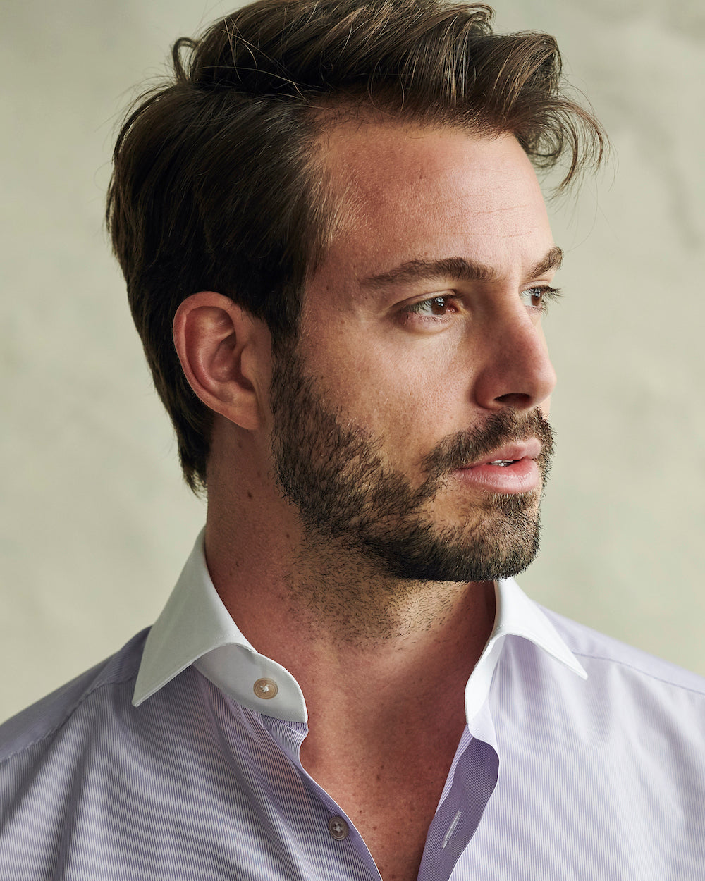 Jonathan Mezibov purple and white Carmichael Fine Striped Shirt with a contrasting spread collar and signature tab cuffs.