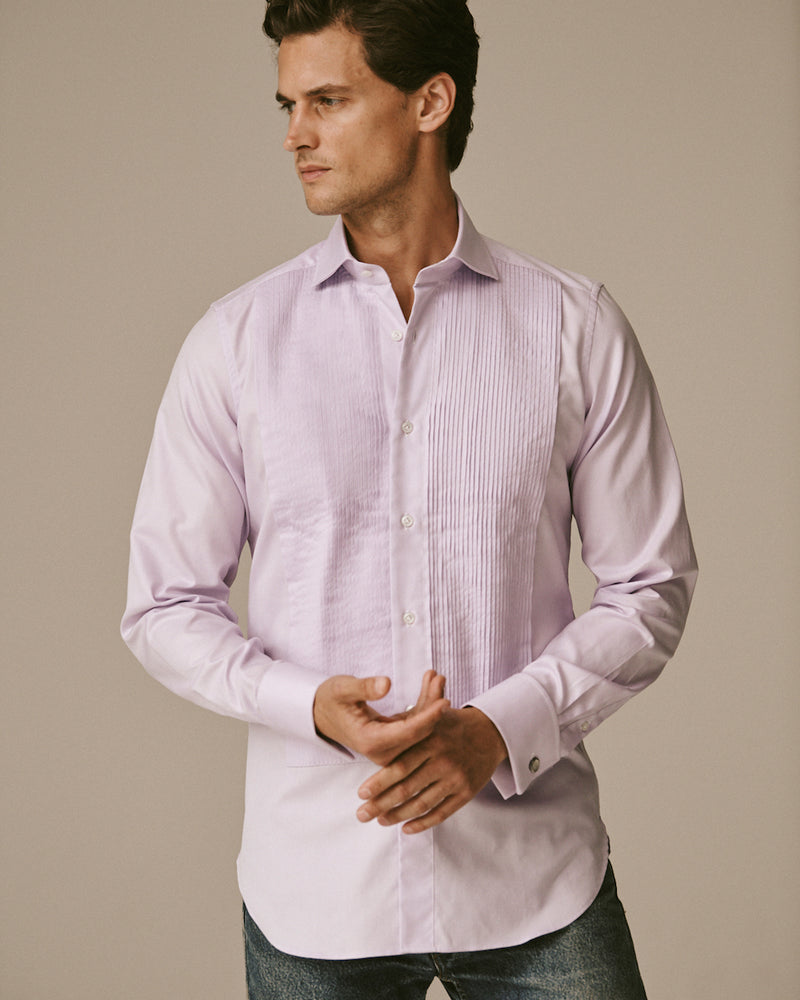 Male model wearing the Royal Oxford Tuxedo Shirt untucked.