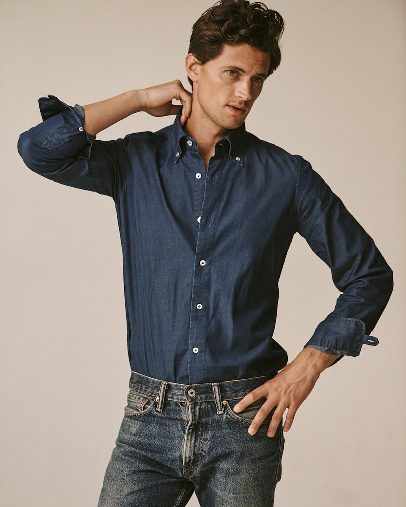 Model, Garrett Neff, wearing the Jonathan Mezibov Gordon Denim Shirt.