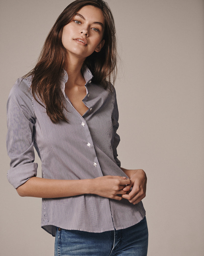 Female model wearing the Pearson Striped Stretch Poplin Shirt.
