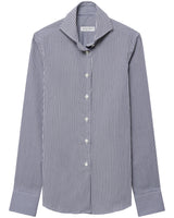 Jonathan Mezibov Italian-made navy and white Pearson Striped Stretch Poplin Shirt with a cutaway collar.