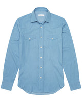 Front view of the Jonathan Mezibov light blue Bleached Denim Western Shirt with a front yoke, dual chest pockets, and pearlized snap buttons.