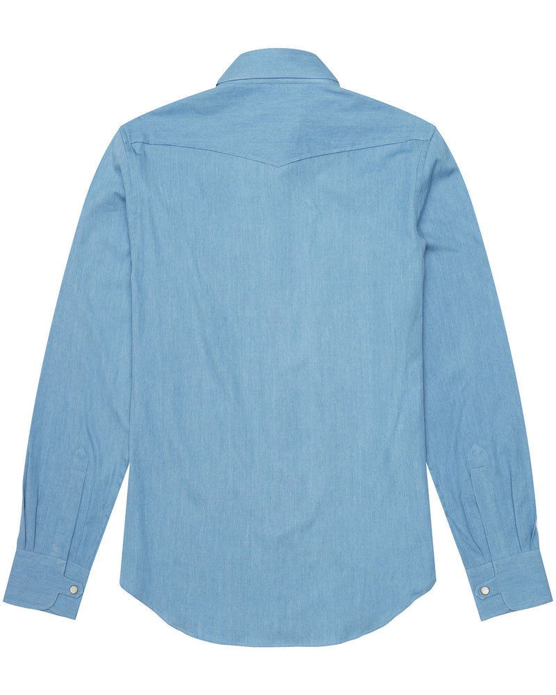 Back view of the Jonathan Mezibov light blue Bleached Denim Western Shirt with a back yoke and signature tab cuffs.