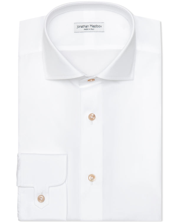 Jonathan Mezibov white Carmichael Poplin Shirt with a spread collar, Australian mother-of-pearl buttons, and signature tab cuffs.
