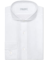 Jonathan Mezibov white Pearson Linen Shirt with signature tab cuffs, made in Italy.