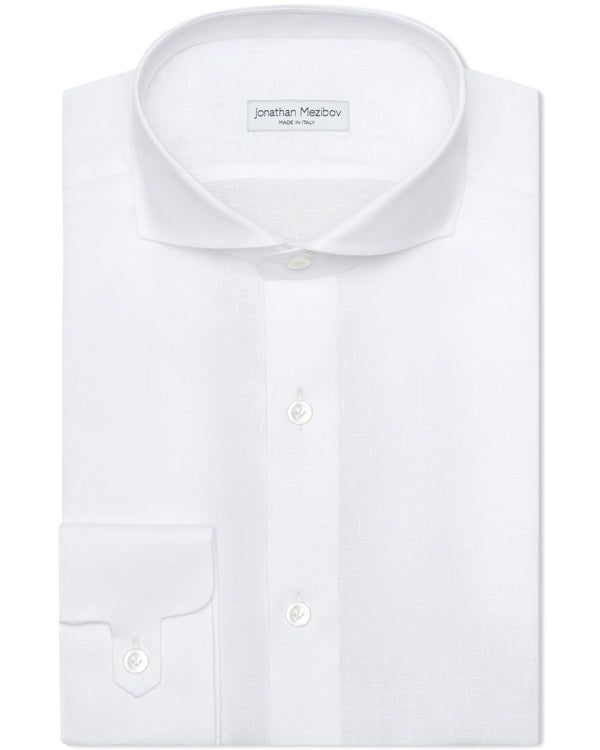 Jonathan Mezibov white Pearson Linen Shirt with signature tab cuffs, made in Italy.