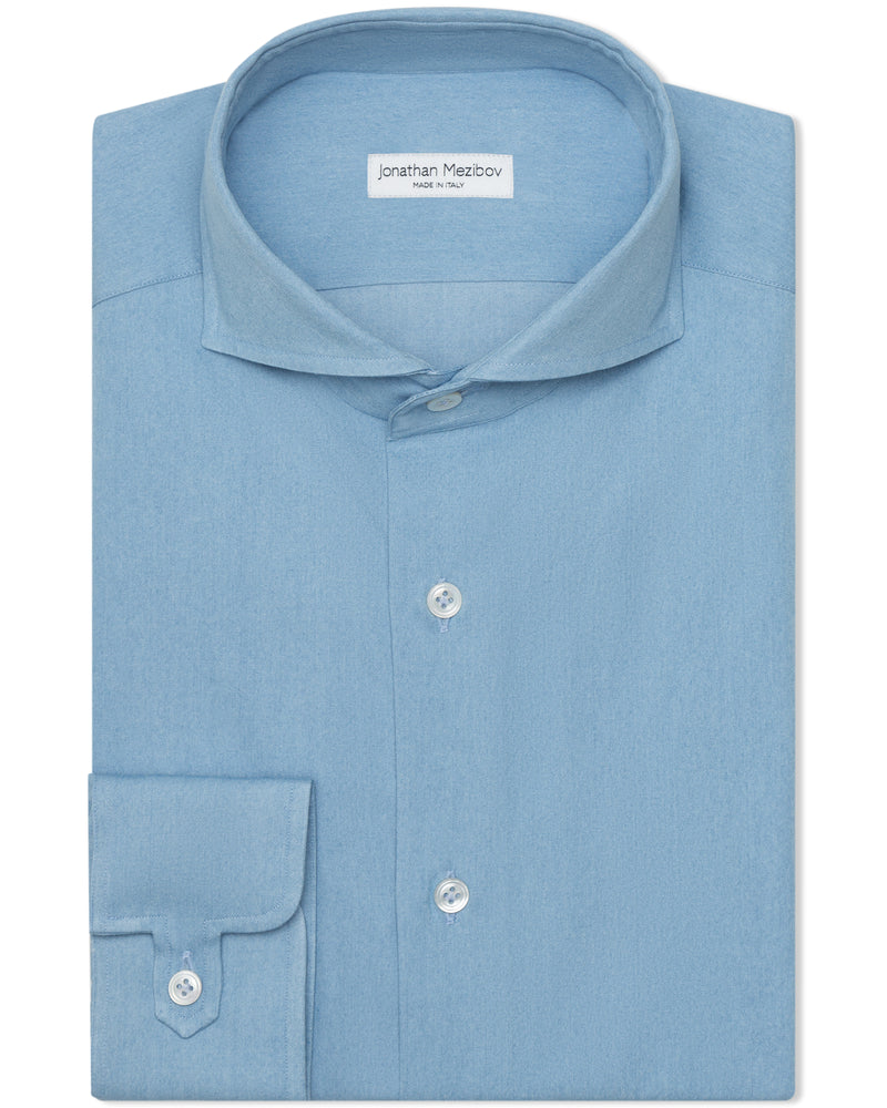 Jonathan Mezibov Italian-made Pearson Bleached Denim Shirt with a cutaway collar and signature tab cuffs.