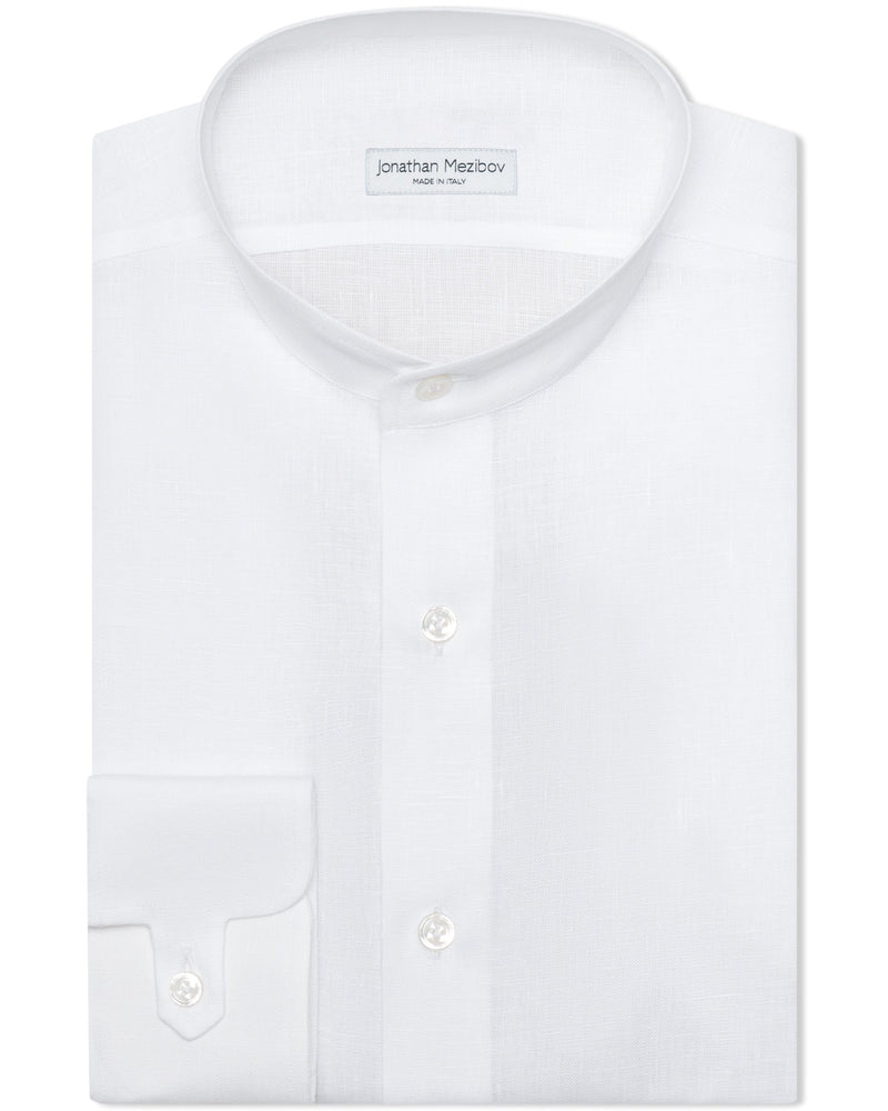 Jonathan Mezibov Band Collar Linen Shirt with signature tab cuffs, made in Italy.