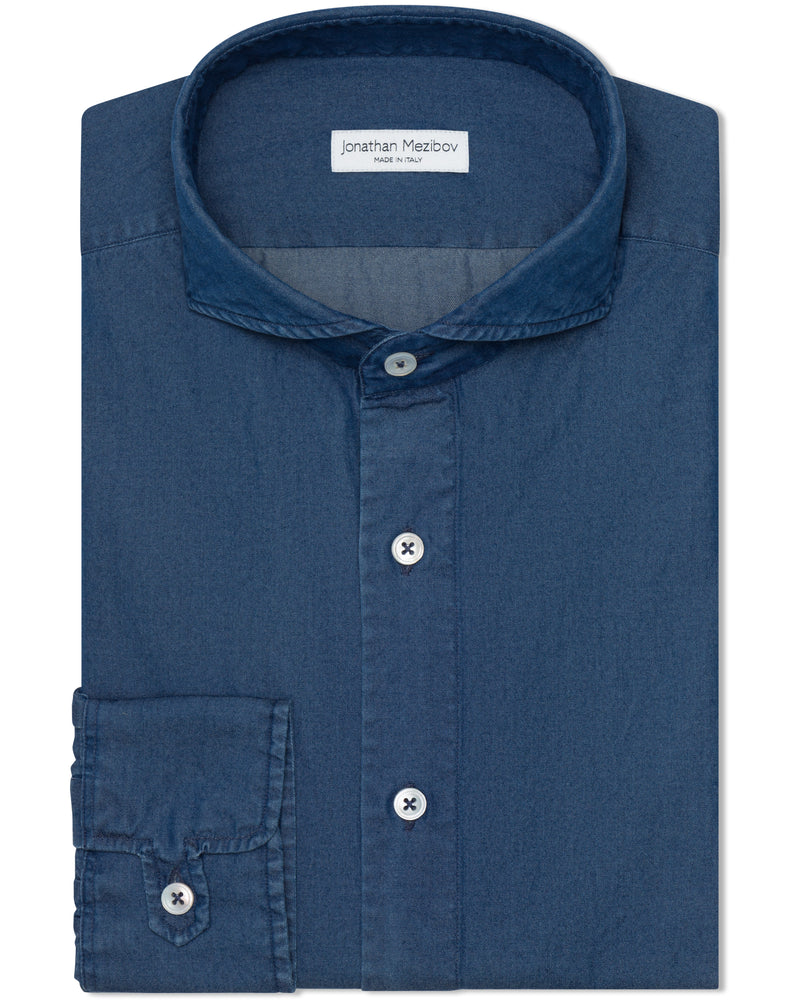 Jonathan Mezibov dark wash Pearson Denim Shirt with a cutaway collar and signature tab cuffs.