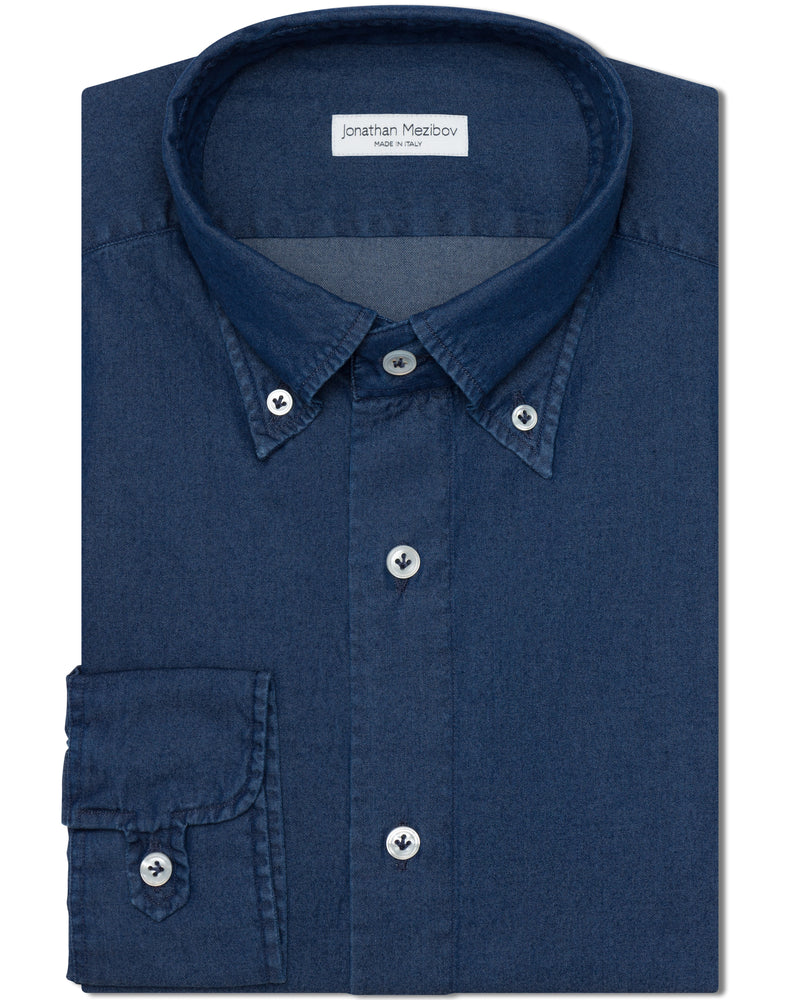 Jonathan Mezibov dark wash Gordon Denim Shirt with a button-down collar, Australian mother-of-pearl buttons, and signature tab cuffs.