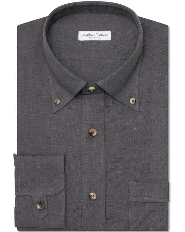 Jonathan Mezibov dark grey Gordon Cotton-Cashmere Shirt with a button-down collar, horn buttons, and signature tab cuffs.
