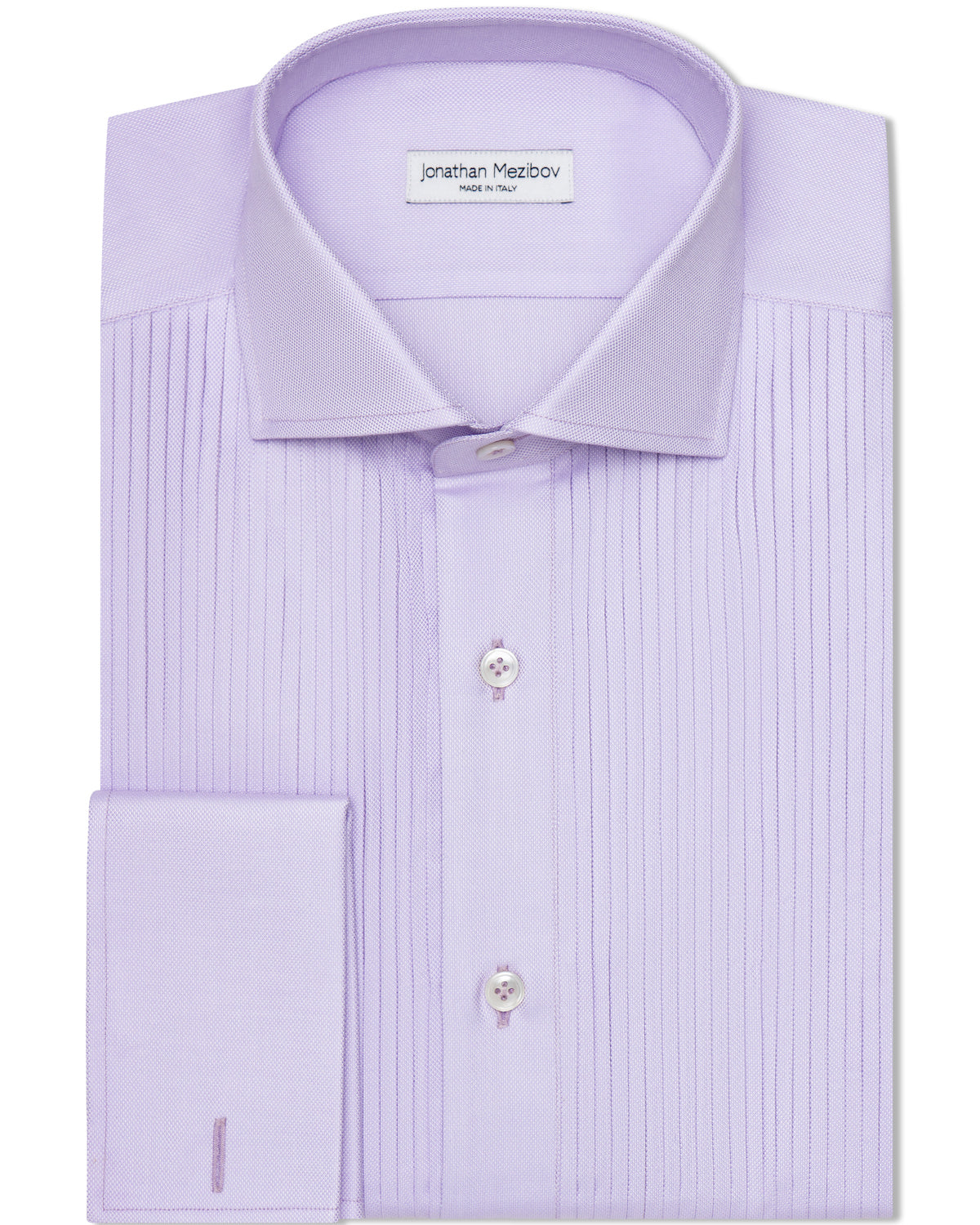 Jonathan Mezibov lavender Royal Oxford Tuxedo Shirt with a spread collar and French cuffs.