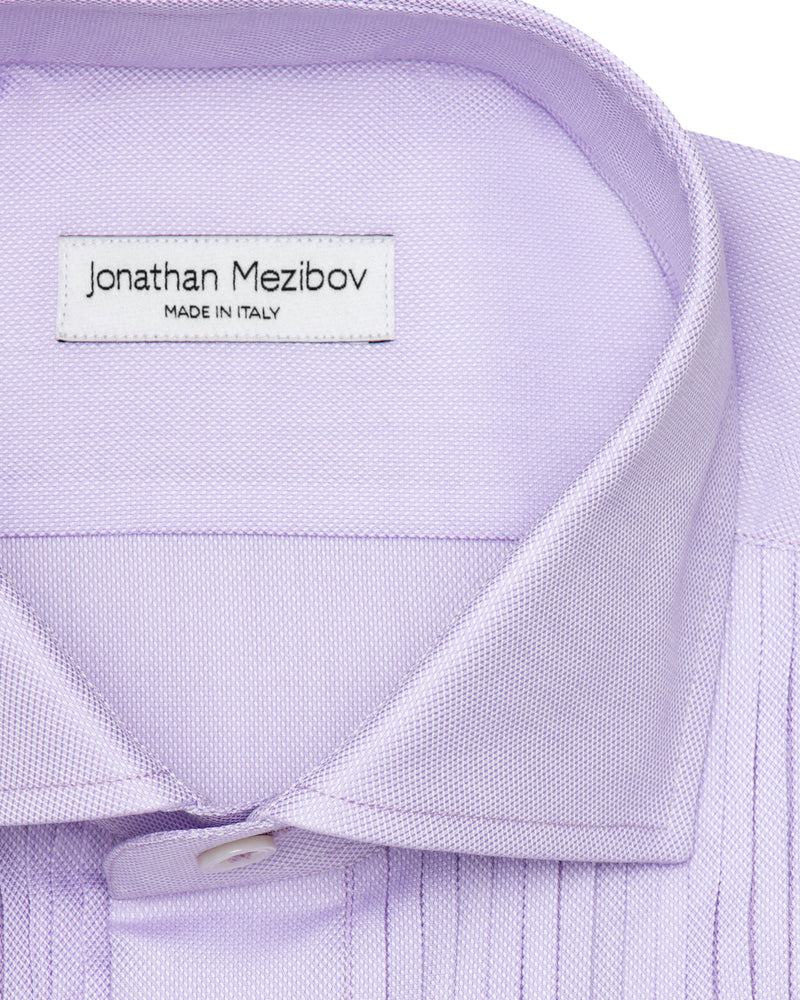 Close-up of the spread collar on the Jonathan Mezibov Royal Oxford Tuxedo Shirt, made in Italy.