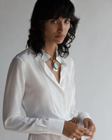 Female model wearing the Diana Silk Crepe de Chine Shirt.