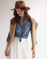 Female model in Chambray Western Shirt and skirt.