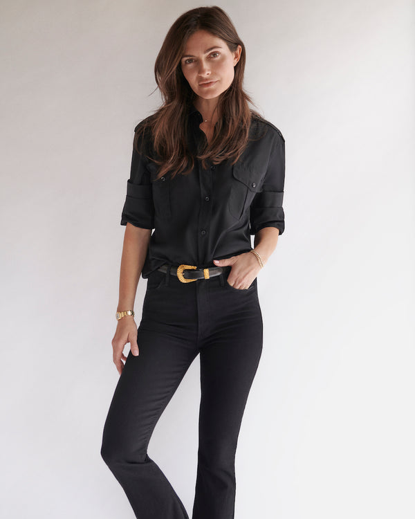 Model, Carlye Nabers, wearing the Jonathan Mezibov Fletcher Poplin Military Shirt.