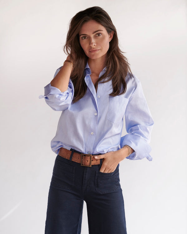 Female model wearing the light blue Fletcher Twill Shirt.