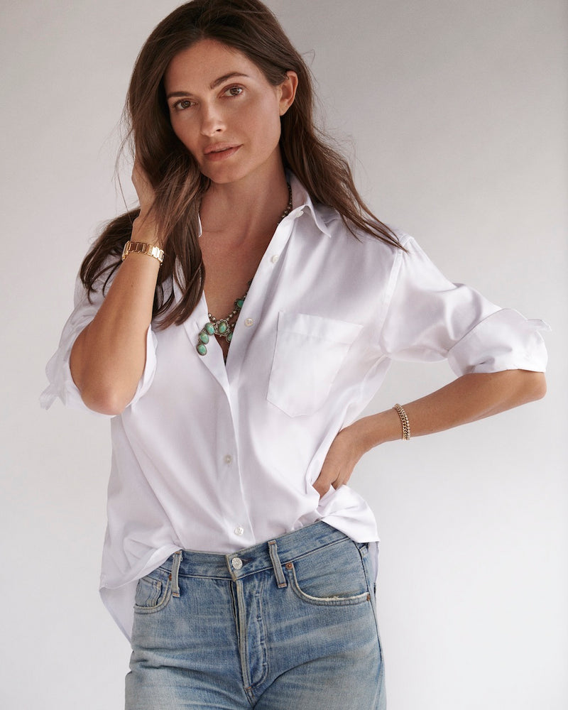 Model, Carlye Nabers, wearing the Jonathan Mezibov Fletcher Twill Shirt.