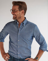 Male model wearing the Italian-made Gordon Chambray Shirt.
