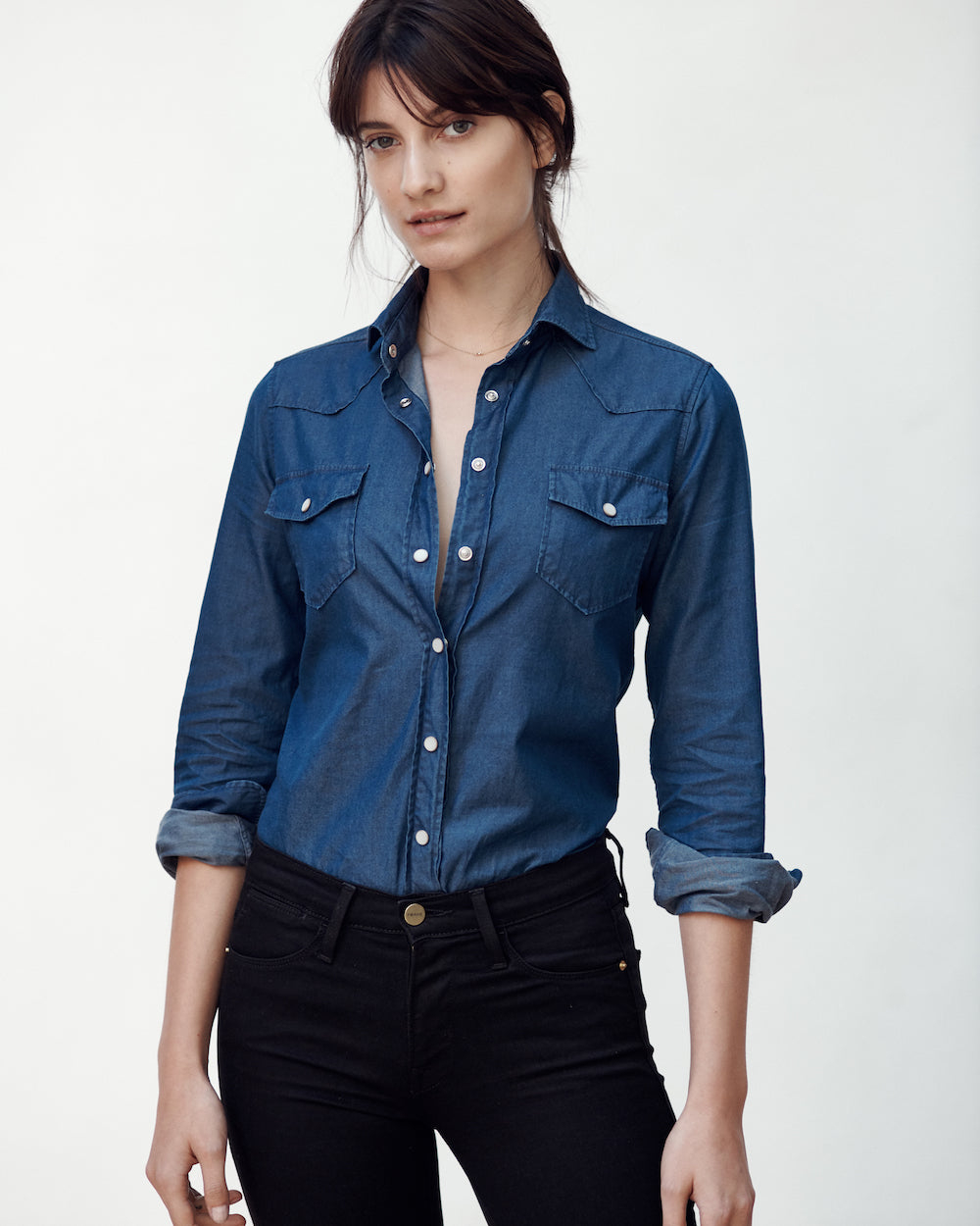 Female model wearing the Denim Western Shirt.