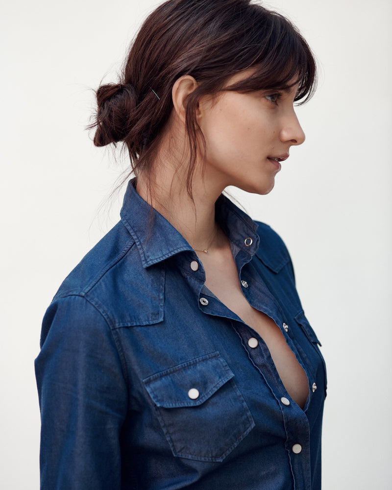 Jonathan Mezibov women's dark wash Denim Western Shirt, made in Italy.