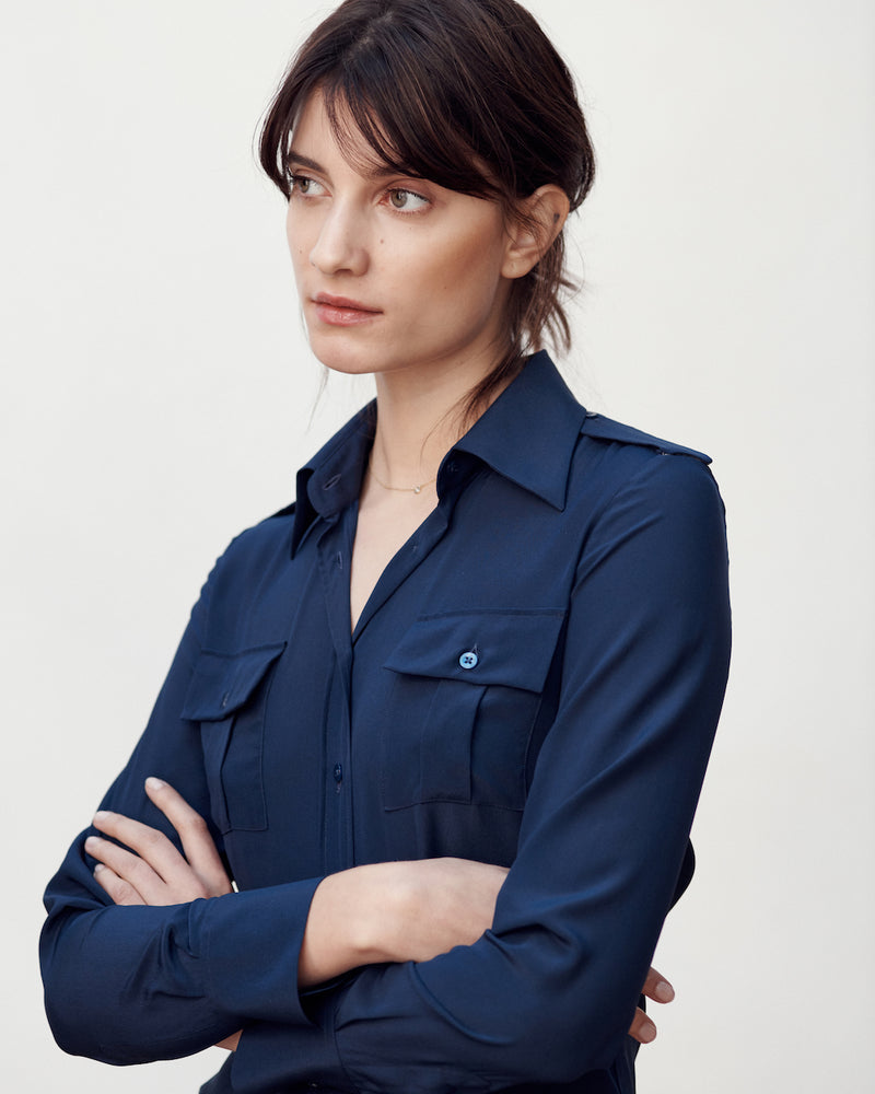 Close-up of the point collar, chest pockets, and epaulettes on the Silk Crepe de Chine Military Shirt.