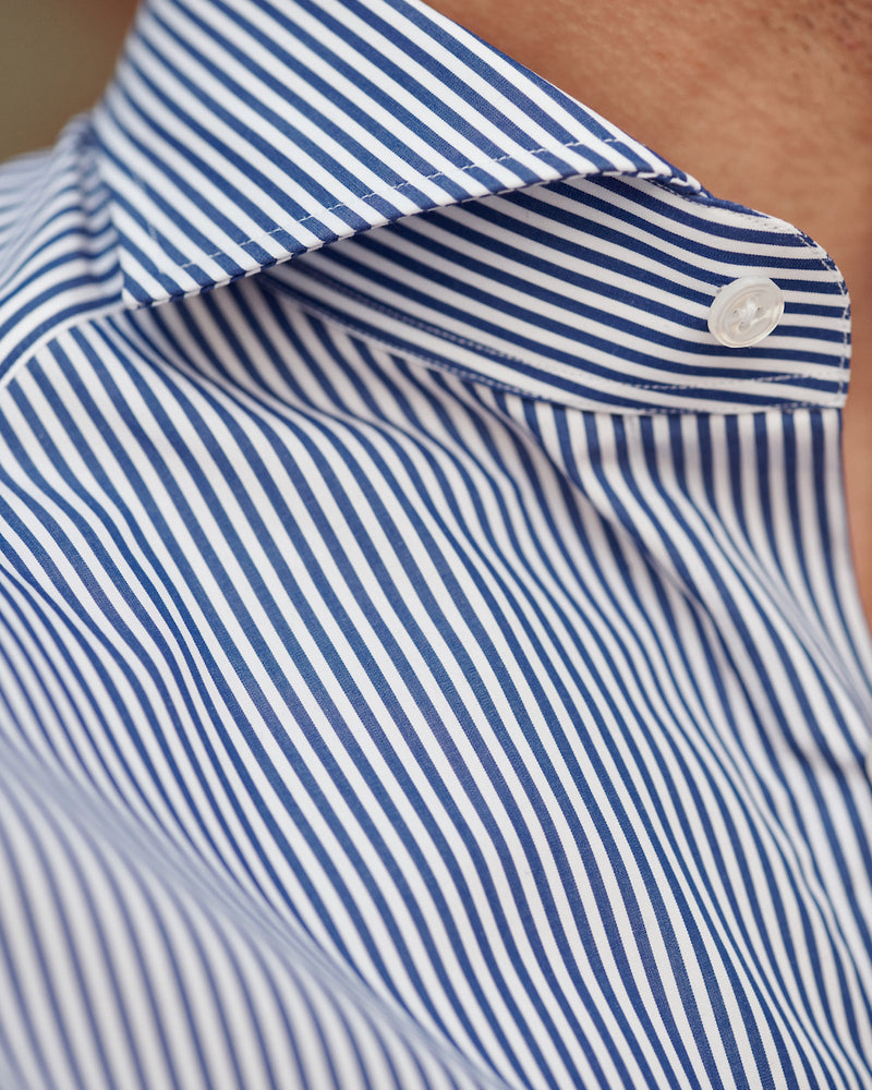 Close-up of the cutaway collar on the Pearson Bengal-Striped Poplin Shirt.